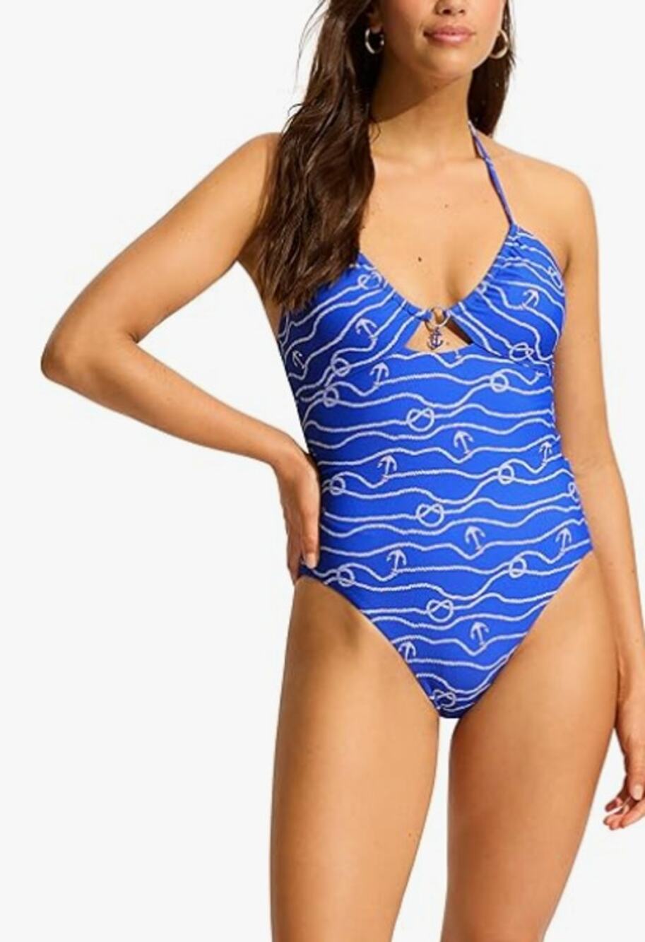 SEAFOLLY Bandeau Halter One Piece Swimsuit Size 6 Blue Azure Set Sail Print NWT